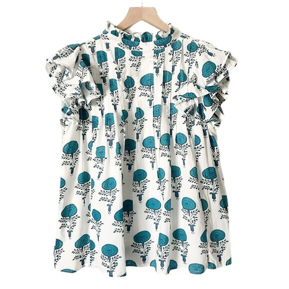 Victoria Dunn Ruffle Jasmine Blouse in Capri Blue 100% Cotton Size Small - Picture 1 of 4